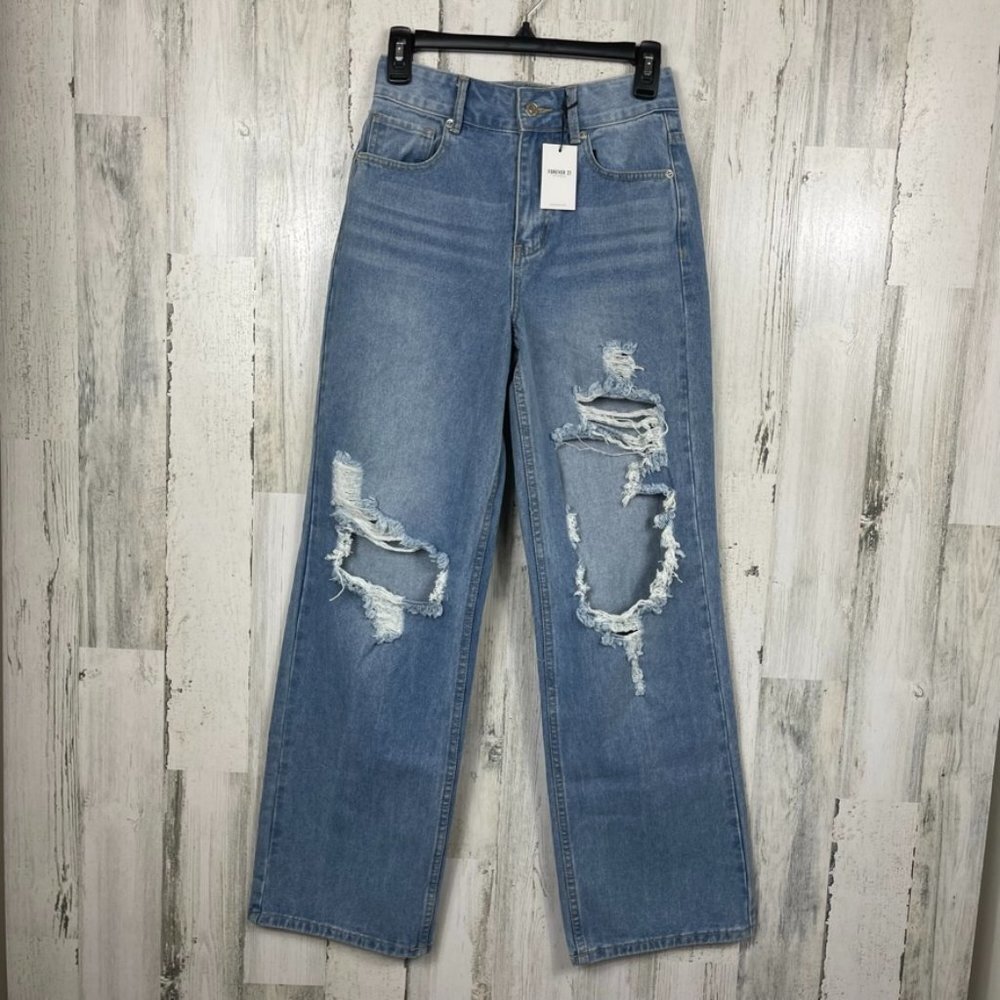 Forever 21 denim jeans destroyed distressed wide leg 90's style high rise NWT 24